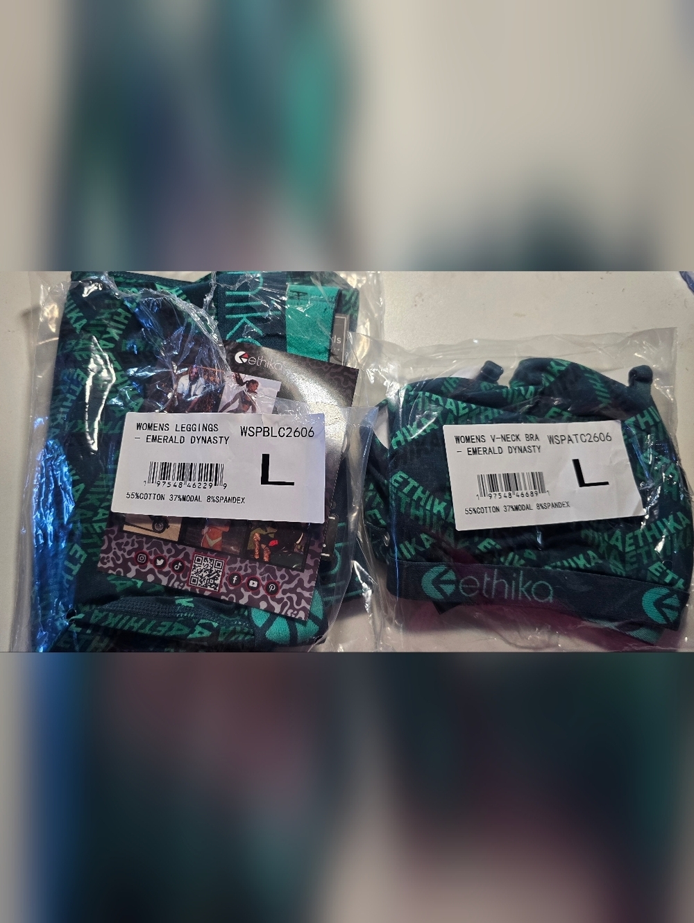 Ethika Women's Emerald Dynasty Leggings Green & Sports V-Neck Bra Size Large Set - Picture 2 of 3